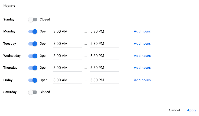 google my business hours